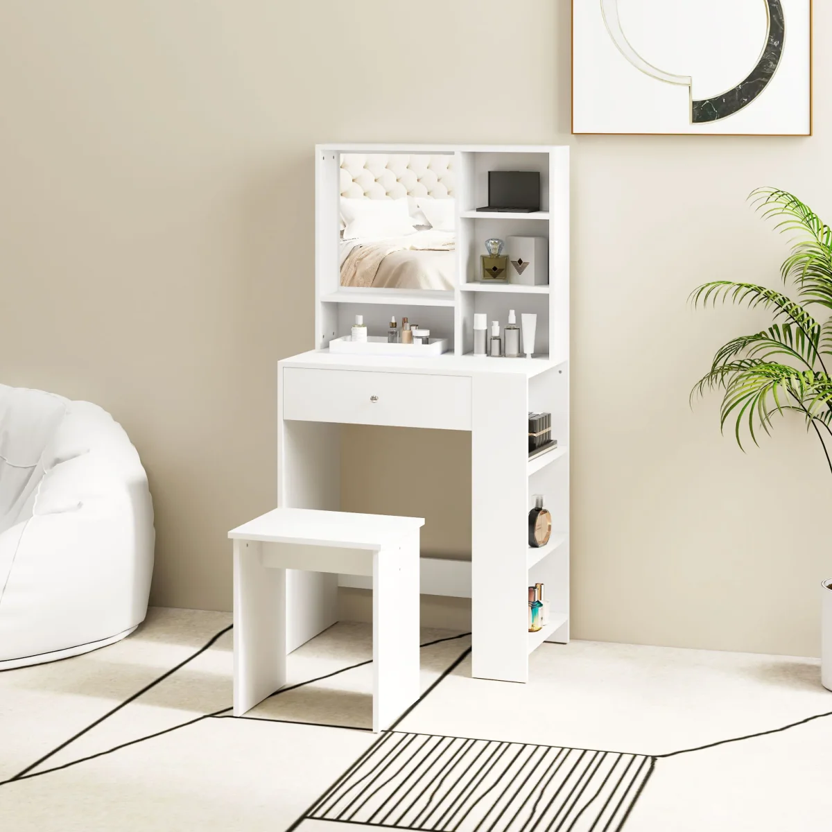 EasyComfort Set Toeletta da Trucco con Tavolino e Sgabello, Specchio e Ripiani in Legno, Bianco - immagine 3