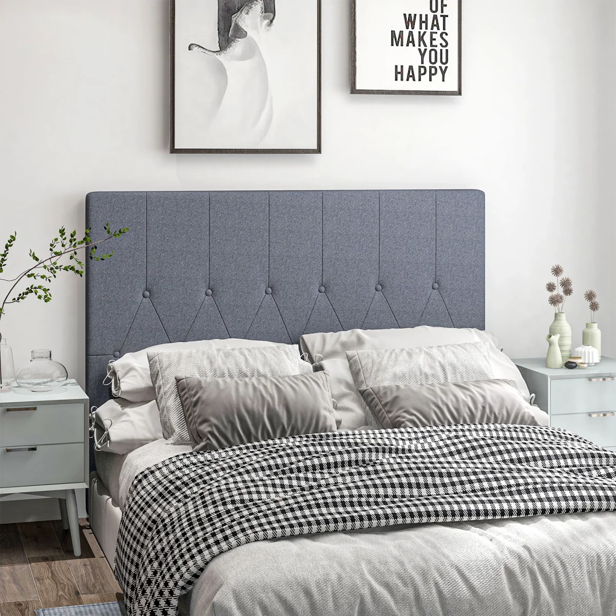 EasyComfort Testiera Letto Matrimoniale Trapuntata a Bottoni con 2 Ganci, in Tessuto Effetto Lino, 160x7x120 cm, Grigia - immagine 3