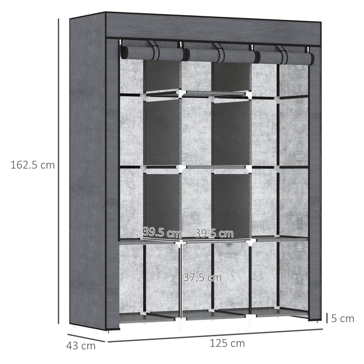 EasyComfort Guardaroba in Tessuto non Tessuto e Acciaio con 8 Ripiani e 2 Barre, 125x43x162.5 cm, Grigio Carbone - immagine 4