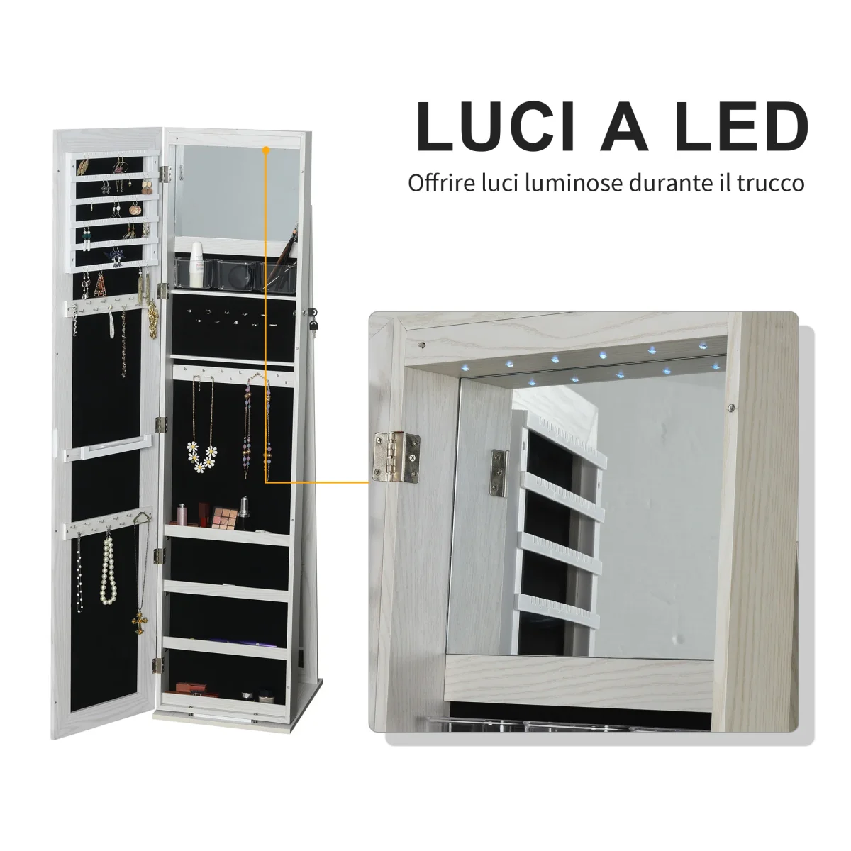 EasyComfort Specchio Portagioie a LED con 4 Scaffali e Spazi Portaoggetti, in Legno e Vetro, 15x15x61.75 cm, Bianco - immagine 5