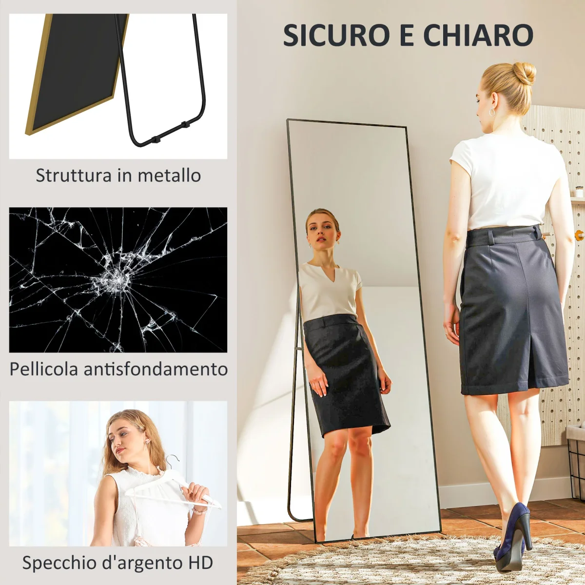 EasyComfort Specchio da Terra Moderno a Figura Intera, Design Autoportante o da Parete, 40x150 cm, Nero - immagine 6