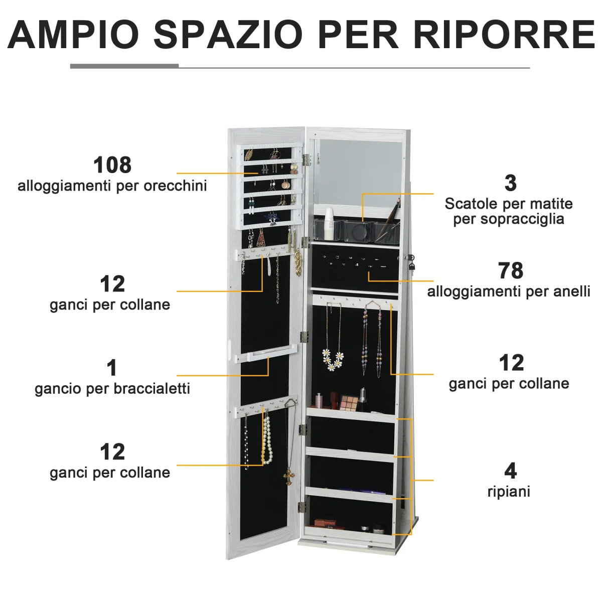EasyComfort Specchio Portagioie a LED con 4 Scaffali e Spazi Portaoggetti, in Legno e Vetro, 15x15x61.75 cm, Bianco - immagine 6
